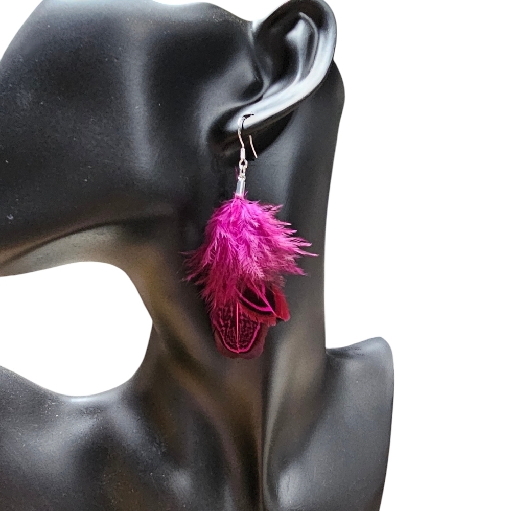Feather Drop Earrings Bright Pink Natural Pheasant Plumage Silver Hook 3.5" drop